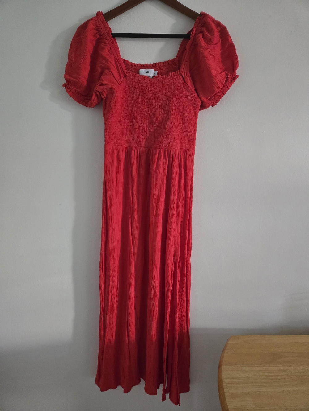 twik Red Puff-Sleeve Maxi Dress with Smocked Bodice